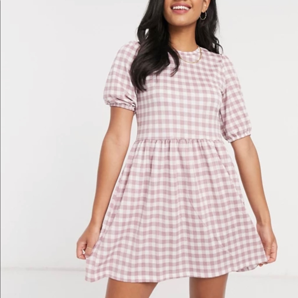 Stradivarius mini smock dress in pink check